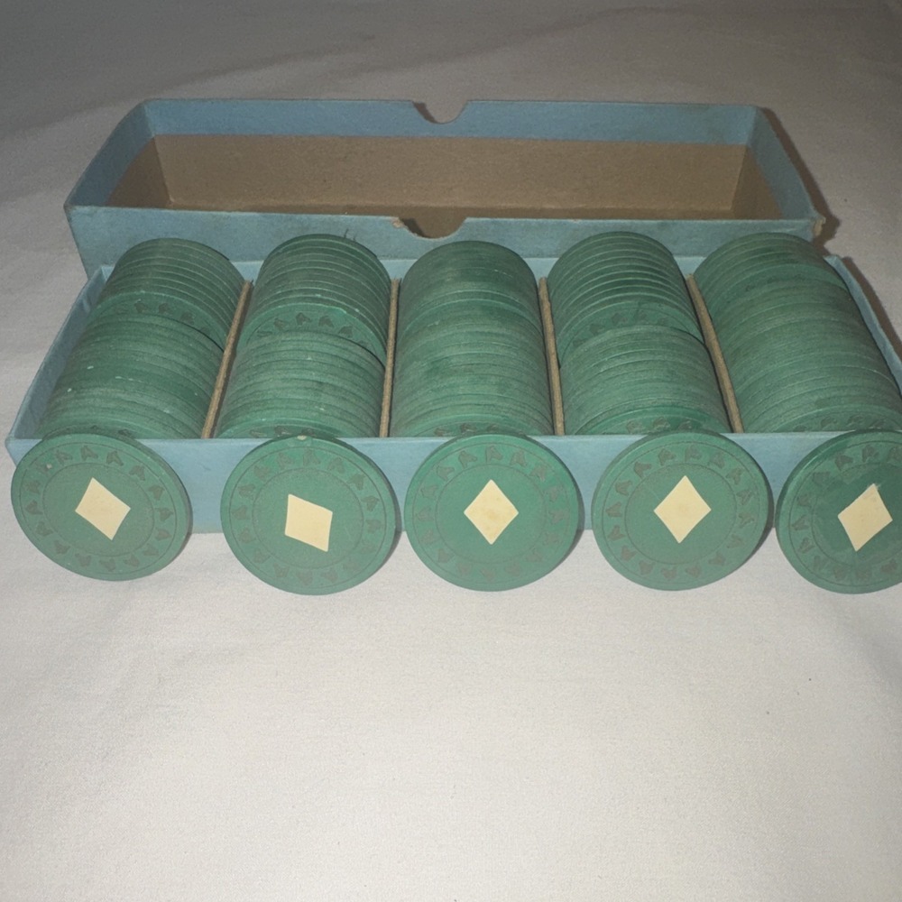 Horse Head Right Diamond Inlay Vintage Green Poker Chips 100 In Box